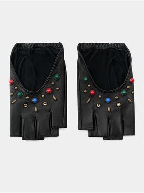 NWT Zara Woman Accessories SHORT 100% LEATHER MITTENS WITH STUDS & STONES *READ